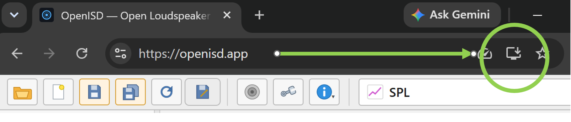 Chrome's address bar on openisd.app, with the install icon, a small screen with a down arrow, ringed in green at the right end